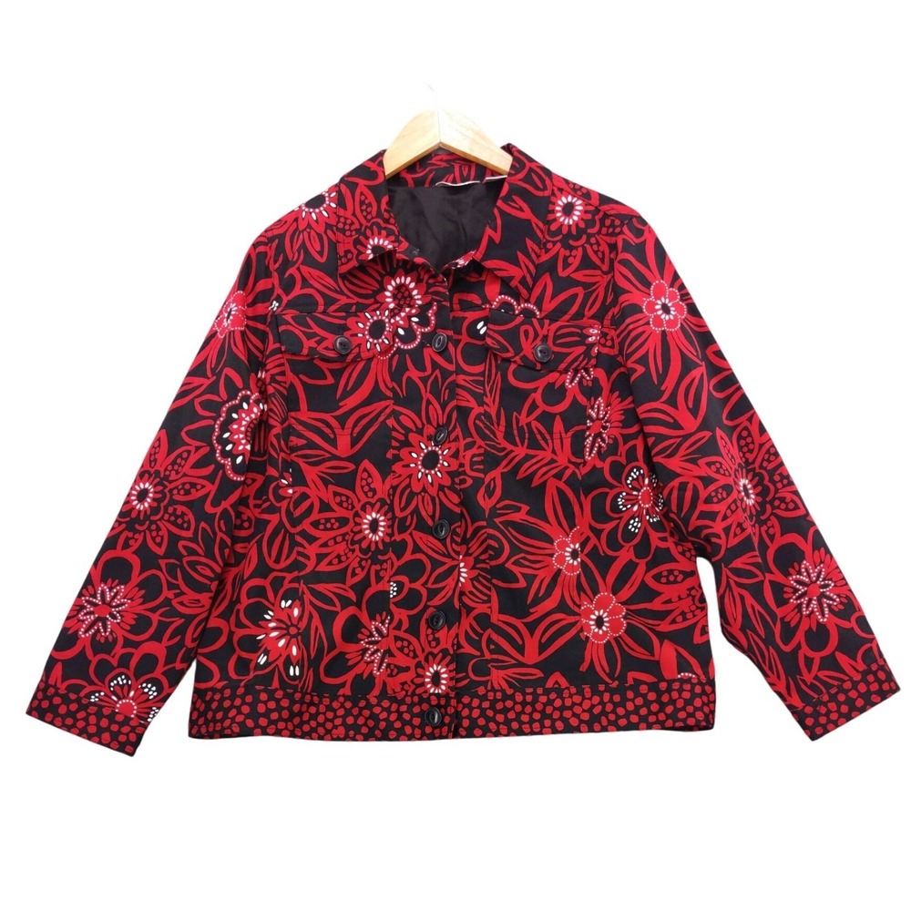 Laura Ashley Woman Red Black‎ Floral Print Button Front Jacket Size 1X